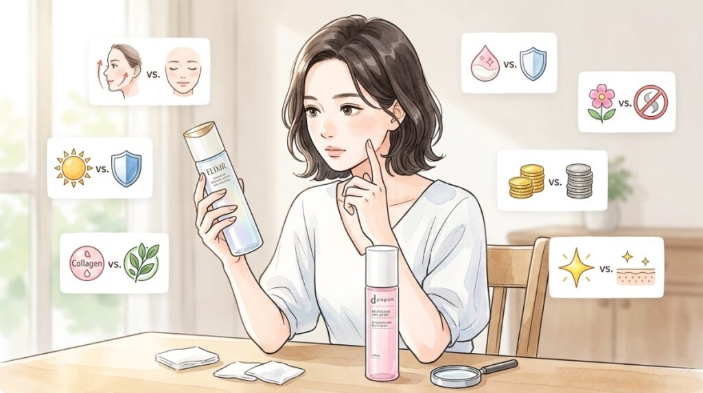 エリクシールとdプログラムの化粧水の違いを7項目で比較